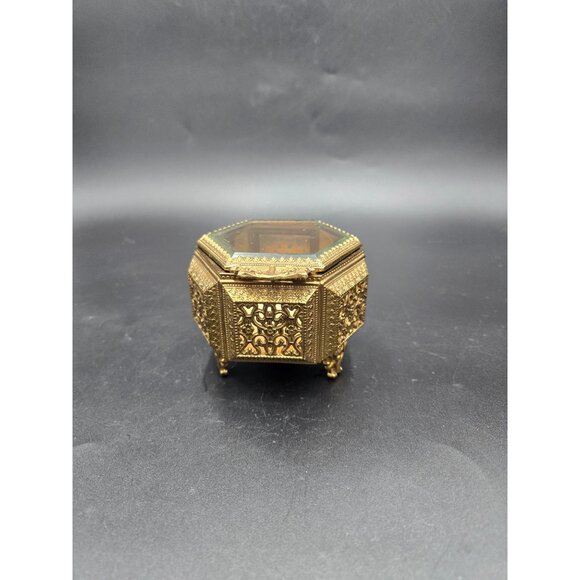 Vintage Ornate Brass & Glass Hexagon Jewelry Box with Filigree Detailing - Picture 5 of 10